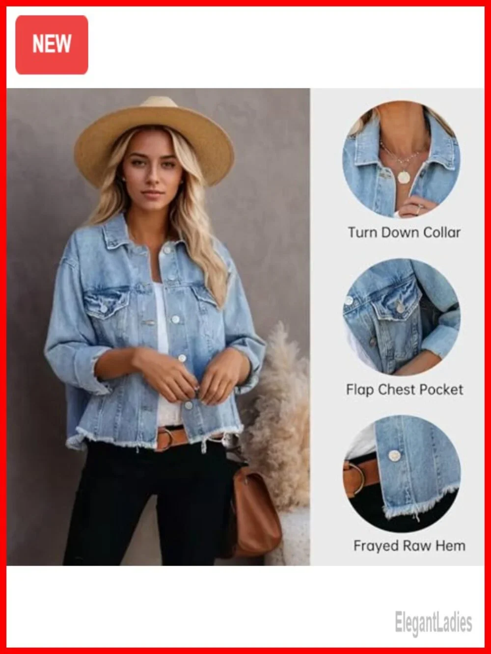 Womens Cropped Denim Jacket Frayed Washed Button Up